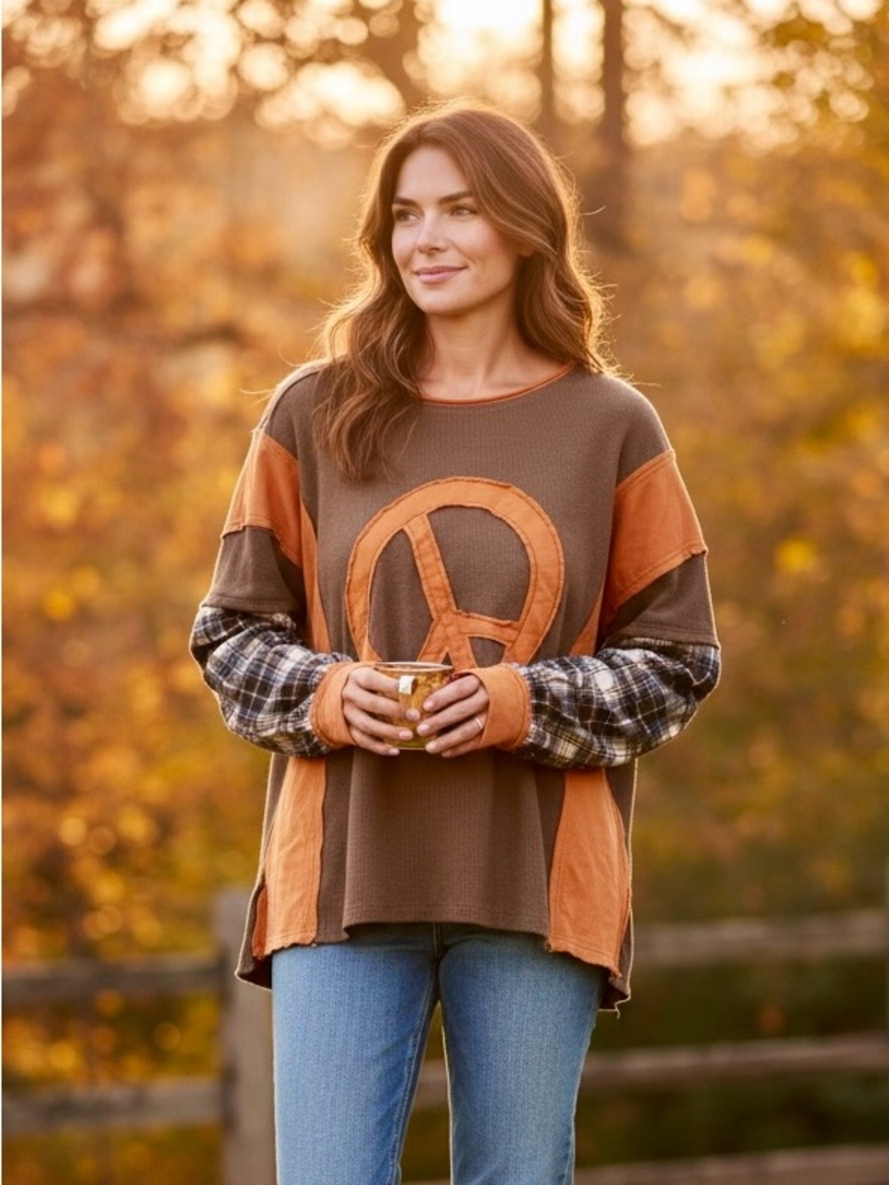 POL Patchwork Peace Sign Crewneck Sweater - Brown & Orange